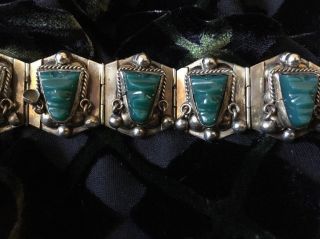 Antique Estate Alpaca Silver Carved Green Onyx Mask Bracelet Aztec Mexico