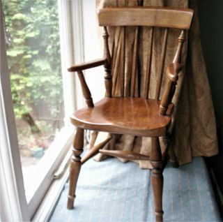 Old Antique Wooden Elm Childs Dolls Miniature Windsor Country Chair C.  1900 Fine