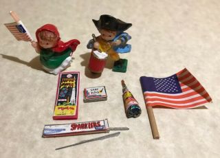Dollhouse Miniatures 2 4th Of July Garden Mini Statues,  Fireworks,  Flag