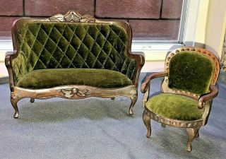 Sonia Messer Imports Vintage Green Velvet Dollhouse Sofa Couch And Chair