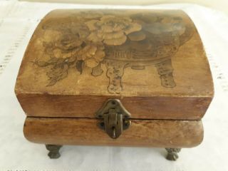 Vintage/antique Domed Top Floral Decor Wood Hinged Jewelry Box W/brass Accents