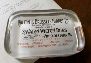 Antique Glass Advertising Paperweight Wilton Brussels Carpet Co.  Philadelphia Pa