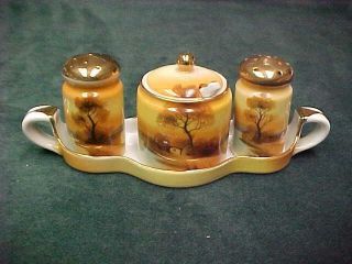 Antique Noritake Tree In The Meadow Shaker Mustard Condiment Set On Tray