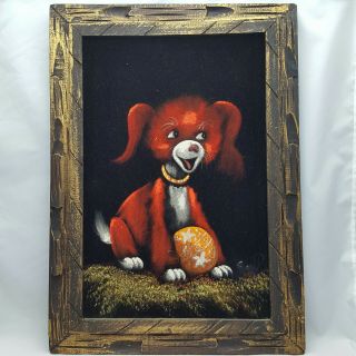 Vintage Mid Century Black Velvet Painting Dog Puppy With Ball Orange Red Kitschy