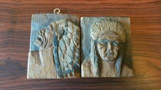 2 Vintage Wood Carved Native American Indian Faces