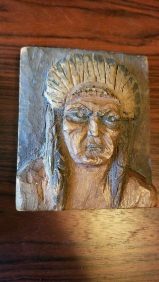 2 Vintage Wood Carved Native American Indian Faces 2