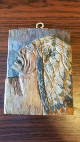 2 Vintage Wood Carved Native American Indian Faces 3