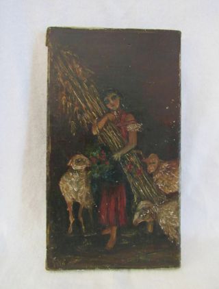 Antique Primitive Oil Painting On Canvas Farm Girl With Sheep Signed Rvs