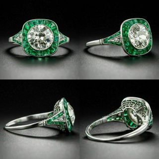 Vintage Art Deco 2.  80ct Diamond & Emerald Antique Engagement Ring 14k White Gold