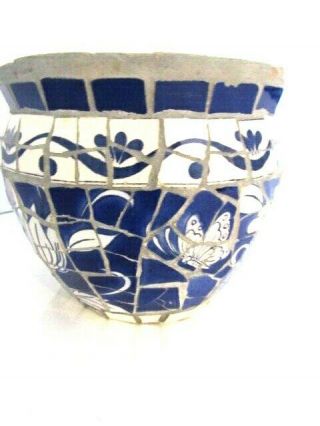 Hand - Decorated - Painted Blue & White Mosaic Plant Pot