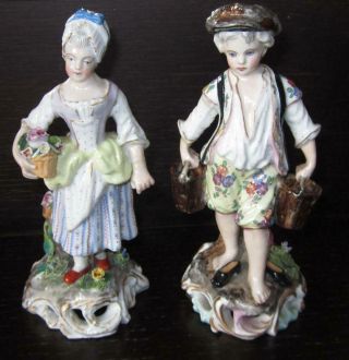 Pair Antique Dresden German Meissen Style Porcelain Figures