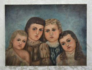 Antique 19th Century Primitive Naive Oil Painting Of 4 Little Girls Sisters Port