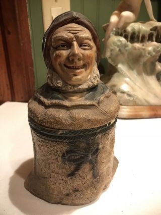 Antique German Pottery Tobacco Humidor Jar Man In Burlap Sack 1890 