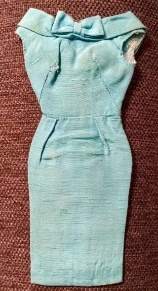 Vintage Mattel Barbie Fashion Pak Teal/blue Silk Sheath Dress W/bow 1962 - 1963