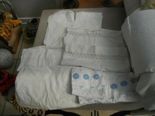 4 Pairs Of Antique Embroidery Pillowcases White Cotton Embroidery Detail/lace