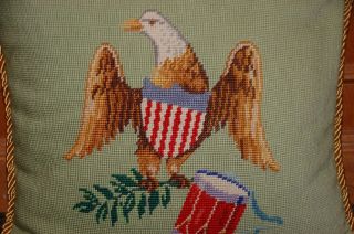 Patriotic Vintage Needlepoint Tapestry Eagle Pillow Green And Gold