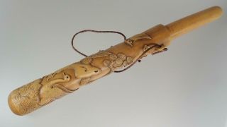 Antique Japanese 19th/20th C Carved Bamboo Brush Holder Birds Inlaid Eyes Signed