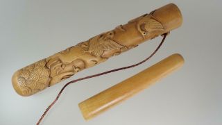 Antique Japanese 19th/20th c Carved Bamboo Brush Holder Birds Inlaid Eyes Signed 2