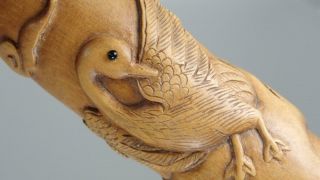 Antique Japanese 19th/20th c Carved Bamboo Brush Holder Birds Inlaid Eyes Signed 3