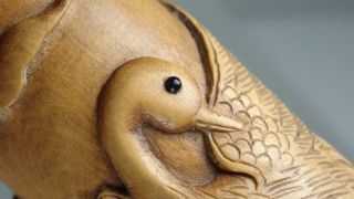 Antique Japanese 19th/20th c Carved Bamboo Brush Holder Birds Inlaid Eyes Signed 5