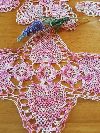 Set Of 4 Vintage Pink Crocheted Doilies,  Various Sizes