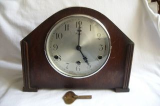 Vintage Bentima English Oak Cased Mantle Clock With Westminster Chimes.