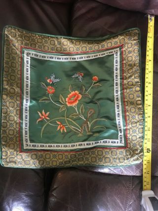 2 Vintage Green Chinese Silk Embroidered Flower Butterfly Pillow Shams 13 Square 2