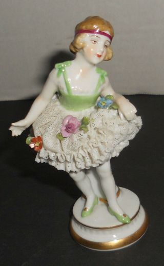 Antique Dresden Porcelain Lace Ballerina Figurine Dancer 4.  5 " W/flowers Vtg