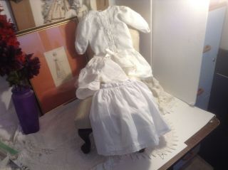 Vintage 18 " White Cotton Drop - Waist Doll Dress - Pantaloons & Petticoat