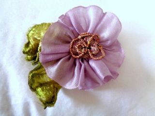 Lovely Silk Flower Made With Antique French Silk Ribbon Lame Center Silk Leaves "