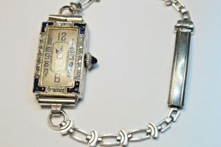 Hafis Swiss Made 18k White Gold Diamond & Sapphire Antique Wristwatch 16 Jewels
