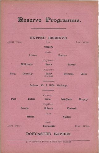 Antique Programme Sheffield United Reserves V Doncaster Rovers 15 - 12 - 1906
