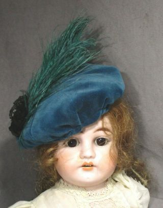 Vintage Doll Hat - Bonnet - Beret - Turquoise Velvet W/feather Trim
