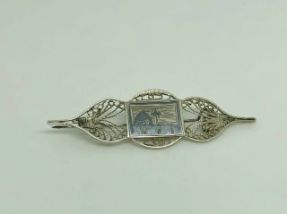 Gorgeous Antique Art Deco Iraqi Solid Silver Niello Enamel Filigree Brooch