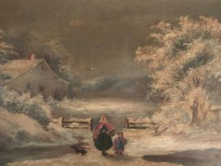Antique 19th.  C Dutch Oil Painting On Artist Board Winter Scene Unsigned & Framed