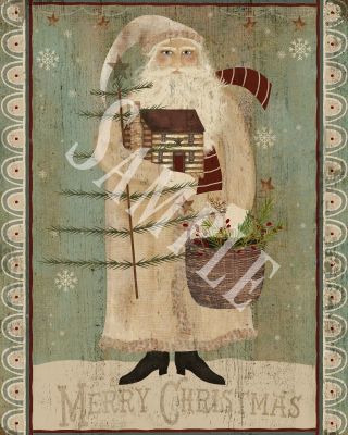 Primitive Christmas Belsnickle Santa Folk Art Feather Tree Log Cabin Print 8x10