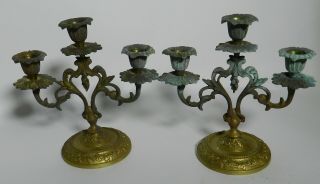 Antique Ornate Cast Brass 3 - Arm Candelabra Candle Holders 1800s Vt3193