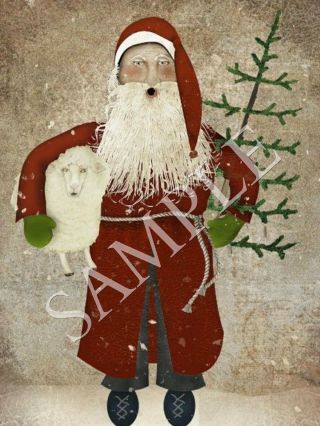 Primitive Christmas Belsnickle Santa Folk Art Feather Tree Sheep Print 8x10