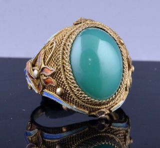 Fine Quality Chinese Gold Gilt Filigree Silver & Enamel Green Jade Agate Ring