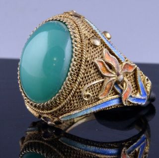FINE QUALITY CHINESE GOLD GILT FILIGREE SILVER & ENAMEL GREEN JADE AGATE RING 2