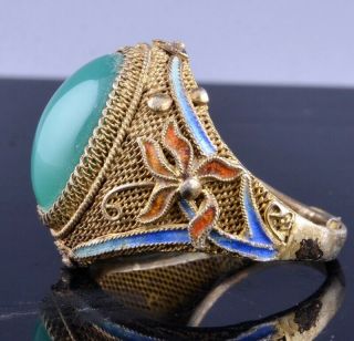 FINE QUALITY CHINESE GOLD GILT FILIGREE SILVER & ENAMEL GREEN JADE AGATE RING 3