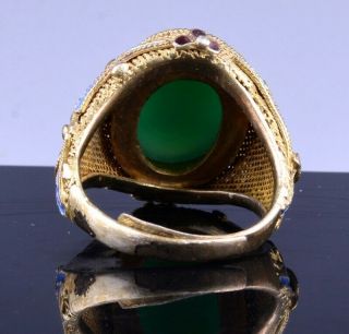 FINE QUALITY CHINESE GOLD GILT FILIGREE SILVER & ENAMEL GREEN JADE AGATE RING 4