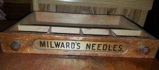 Antique Wooden Thread Drawer Sewing Old Decorative Display Milwards Needles