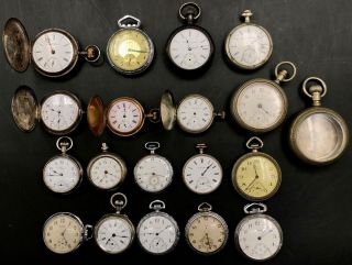 18 Antique Pocket Watches W/cases Parts/repair Elgin Waltham Illinois Waterbury