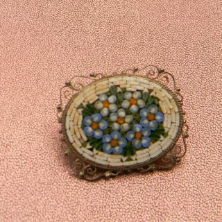 Antique 800 Silver Micro - - Mosaic Forget Me Not Blue Flower Brooch Pin Hallmarked 4