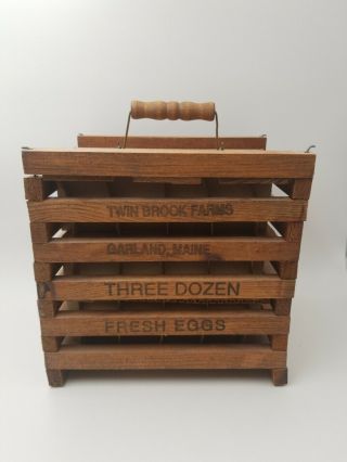 Antique Vintage Twin Brook Farms Garland Maine Wooden Egg Carrier Crate 3 Dozen