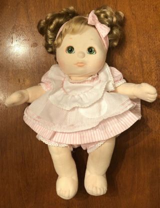 Vintage My Child Girl Blonde Green Eyes Pink Pin Striped Dress Piggy Tails 1980s