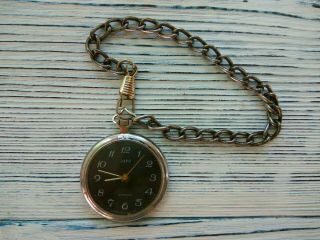 Vintage Pocket Watch Zaria Zarja Zarya Ussr Black Dial With Chain Soviet