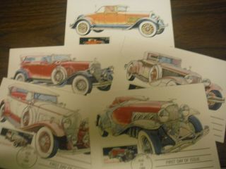 Wpphil Us 2381 - 2385 1988 Detroit Mi Classic Antique Cars 5 Post Cards Fdcs