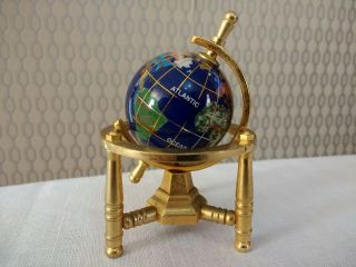 Vintage Mini Semi Precious Stone World Map Desktop Globe On Brass Stand 10cm